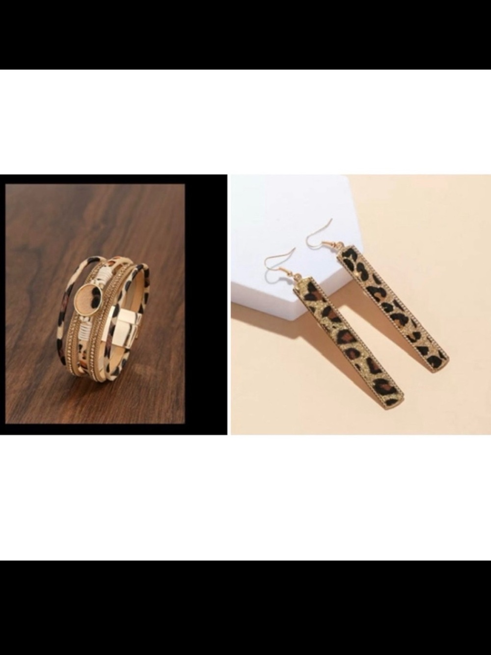 Boho Leopard Print Gold Jewelry Set, Magnetic clasp, pierced earrings.